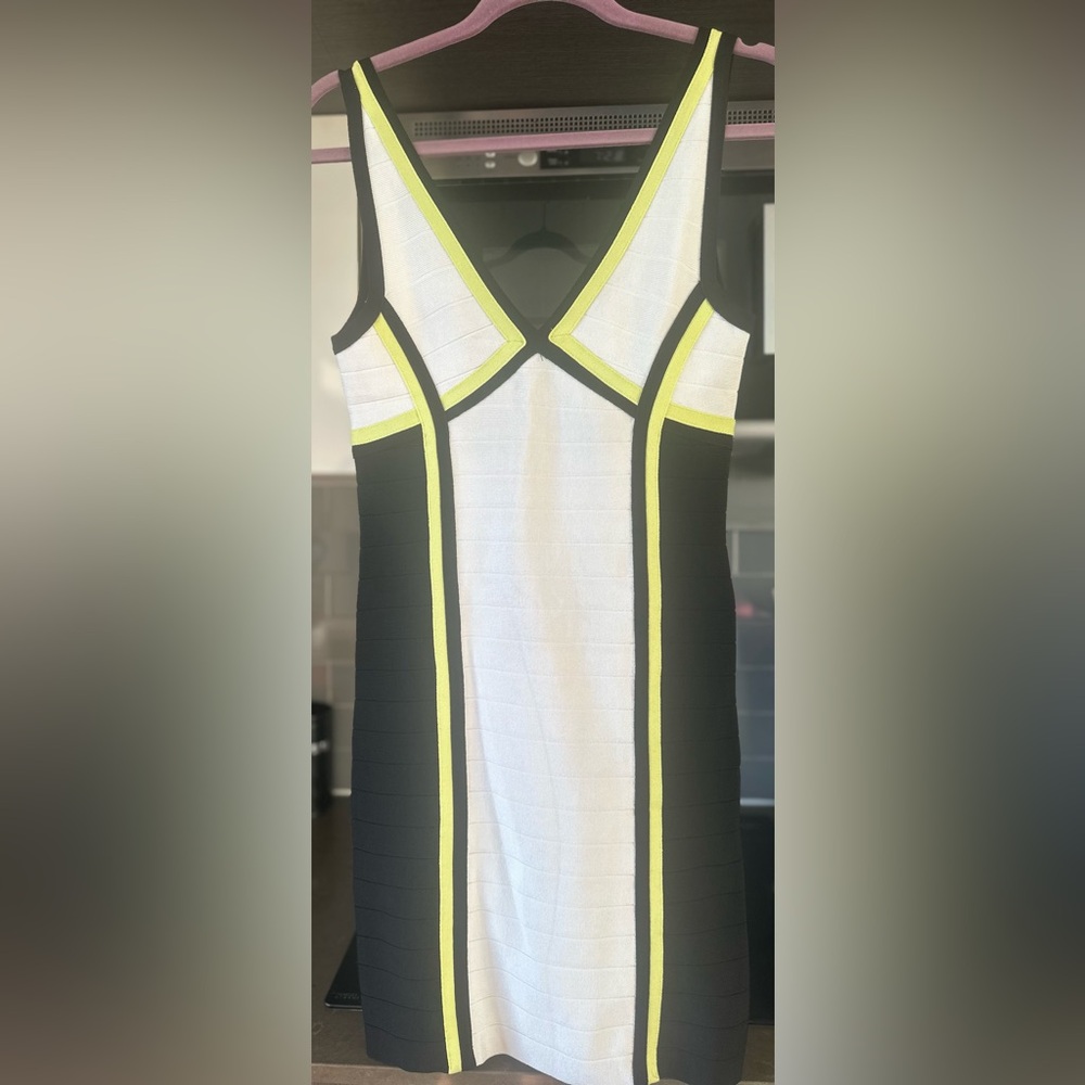 BEBE Black, White, and Yellow Bandage Dress